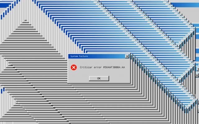 Printscreen van een vastgelopen computerscherm met een foutmelding,