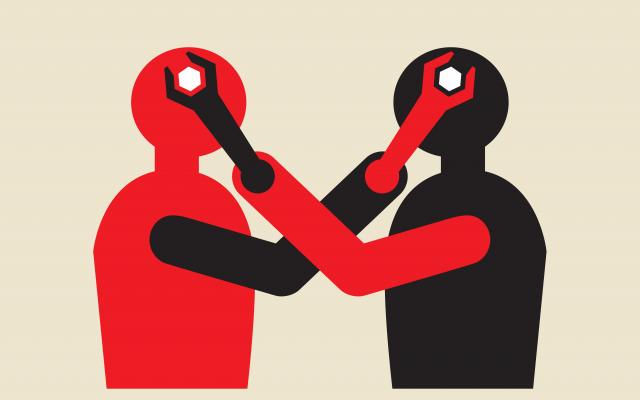 Illustratie van twee figuren tegenover elkaar. Ze raken elkaars hoofd aan. Hun armen hebben de vorm van een moersleutel.