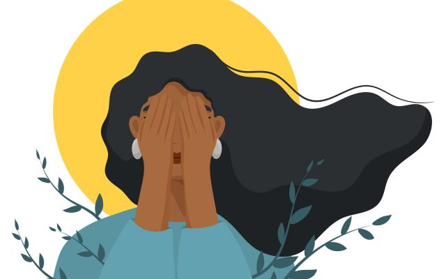 Illustratie van een persoon met de handen voor het gezicht.