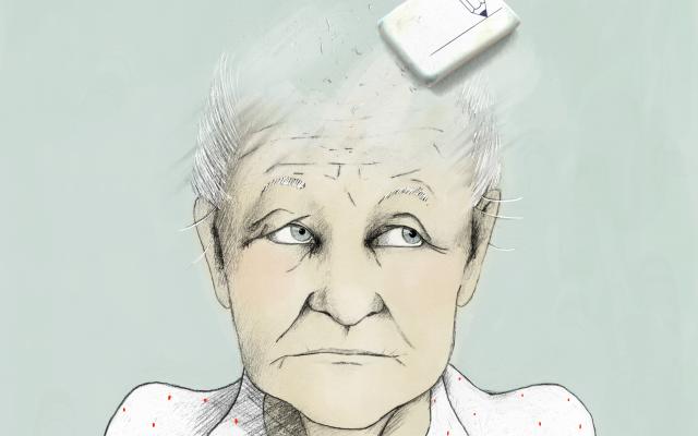 Illustratie van een oud persoon waarvan de bovenkant van het hoofd deels is weggegumd.