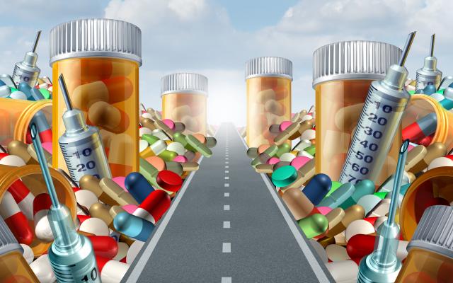 Illustratie van een weg met aan weerszijden verscheidene medicijnen.
