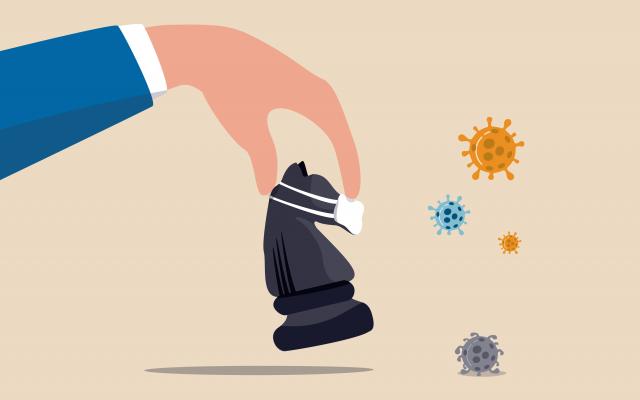 Illustratie van een paard uit het schaakspel. Het stuk heeft een mondkapje op.