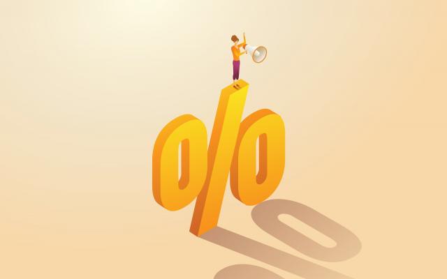 Illustratie van een driedimensionaal procentteken. Bovenop het symbool staat een persoon met een luidspreker.