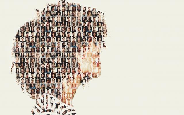 Profiel van een hoofd opgebouwd uit fotoportretten van verschillende gezichten.
