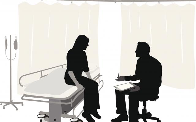 Illustratie van twee figuren in een ziekenhuisruimte. De linkerfiguur zit op een bed en de rechterfiguur op een kruk met een klembord op schoot.