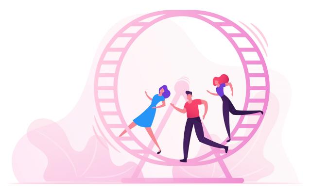 Illustratie van drie mensen in een loopwiel.
