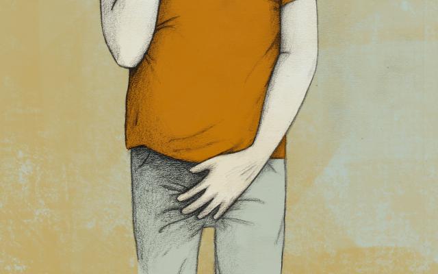 Illustratie van een persoon die een hand voor de ogen en voor het kruis houdt.