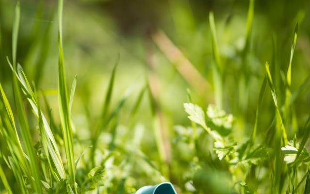 Een inhalator ligt in het gras.