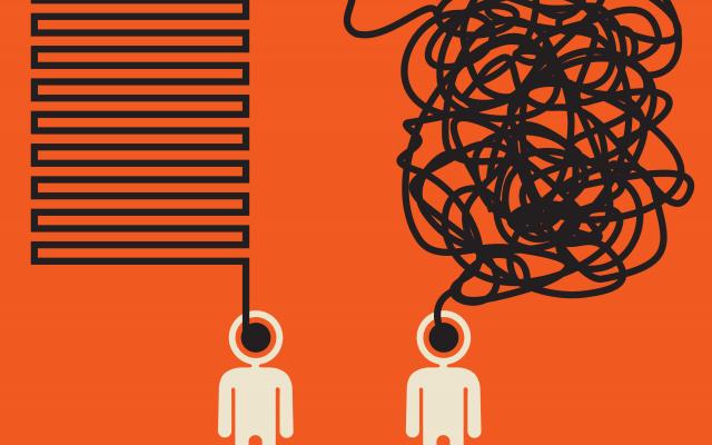 Illustratie van twee abstracte figuren: de linker heeft een spraakballon met rechte lijnen, bij de rechter staat een wirwar van lijnen.