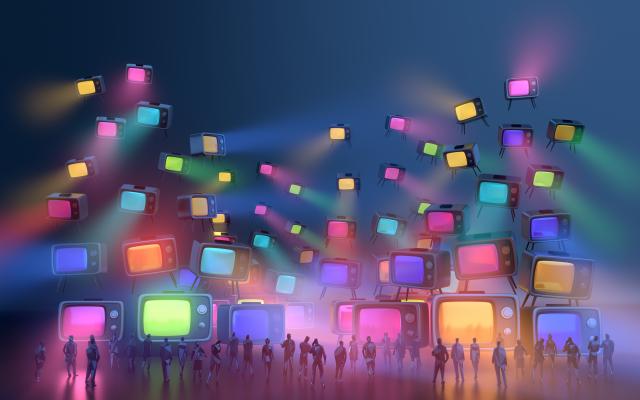 Grote beeldbuizen schijnen als gekleurde spotlampen in het donker.