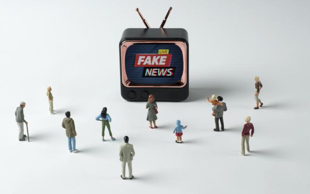 Kleine miniatuur tv met miniatuurfiguren eromheen.