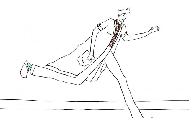 Illustratie van een rennende man in doktersjas.