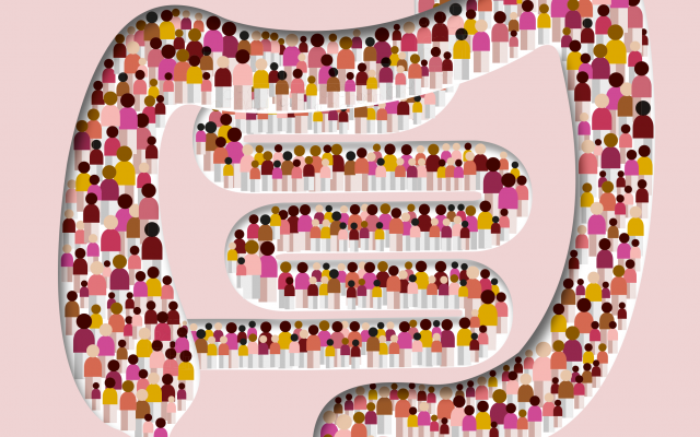 Illustratie van een darmenstelsel gevuld met abstracte figuren van mensen.