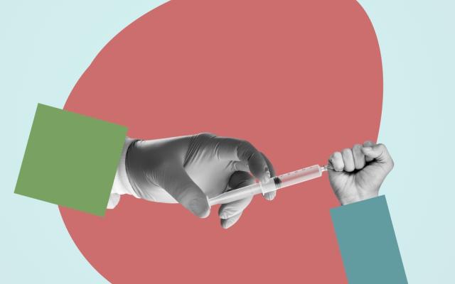 Illustratie van een hand die een injectie tegenhoudt