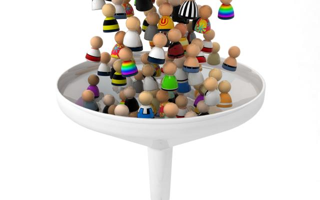 Illustratie van mensen die door een trechter gegooid worden