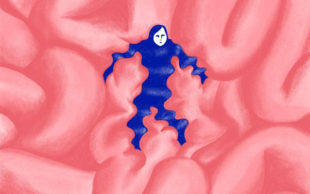 Illustratie van darmen met een mannetje ertussen