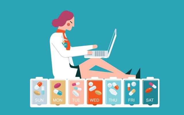 Illustratie van een vrouw achter haar laptop zittend op een pillendoos