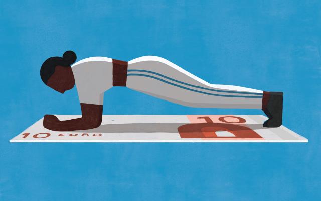 Illustratie van een vrouw die een plakoefening doet op een biljet van 10 euro