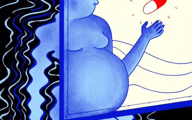 Illustratie van zwangere vrouw met een pil in haar hand