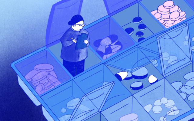 Illustratie van een pillendoosje waar iemand uitkomt