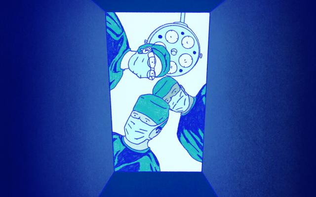 Illustratie van 3 chirurgen die naar beneden kijken