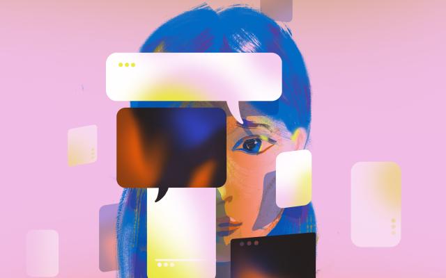 Illustratie van een gezicht met allerlei schermen ervoor