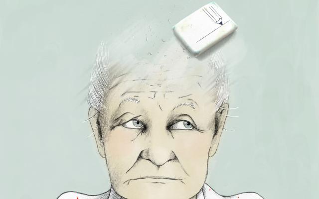 Een tekening van een oude vrouw waarvan de hersens uitgegumd worden