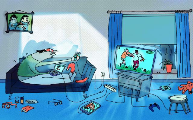 Illustratie van huiskamer met allerlei beeldschermen