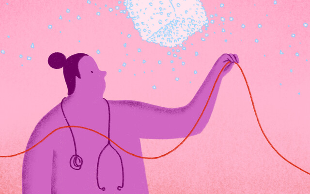 Vrouw met suikerklontje en een rode  draad