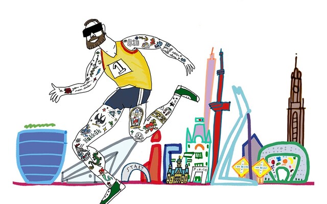 Illustratie van getatoeëerde man die een marathon rent langs de skyline van Rotterdam