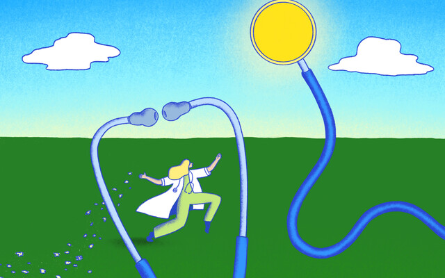 Illustratie van een stethoscoop waarvan het luisterstuk een zon is