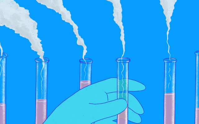 Illustratie van reageerbuizen waar rook uitkomt