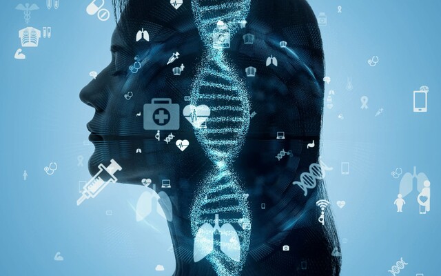 Illustratie van profiel van vrouw met DNA-string erin