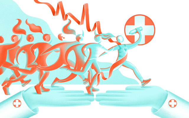 Illustratie van mensen die naar medische zorg rennen
