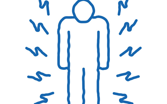 Illustratie van poppetje met allemaal elektrische volt-schokjes om zich heen.