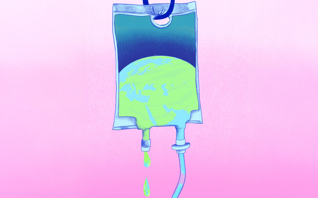 Geïllustreerd infuus waaruit een vloeistof lekt. Binnen in het infuus zit een wereldbol afgebeeld.