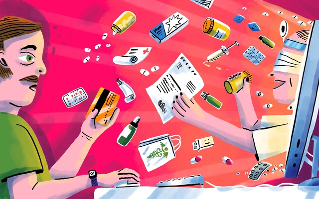 arts die uit computerscherm komt en recept voorschrijft