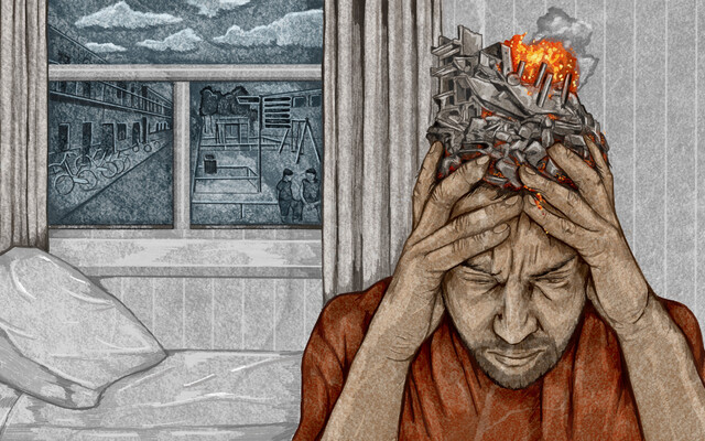 Illustratie van een man met de handen in het haar