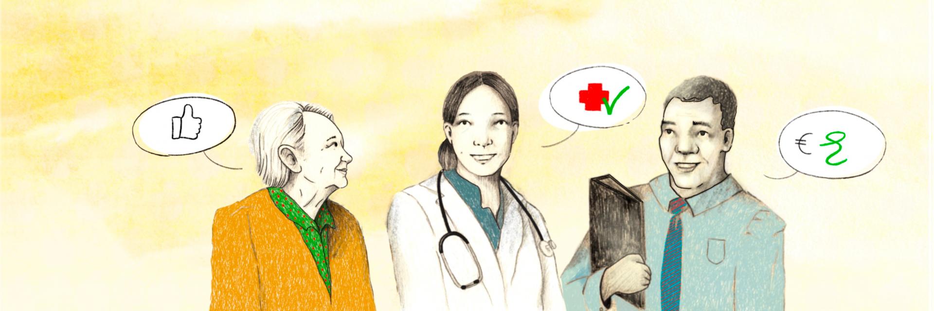 Illustratie van een patiënt, een arts, en een financieel adviseur.