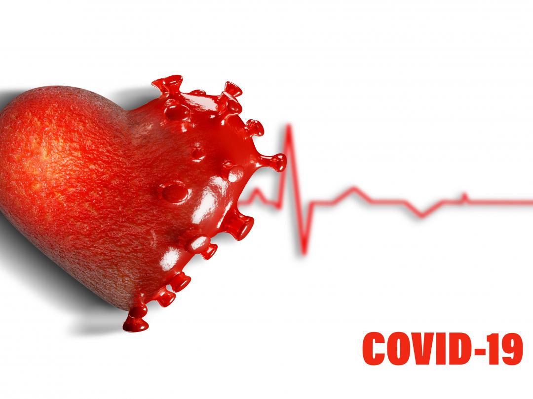 Een hart dat voor de helft de vorm heeft van het coronavirus.