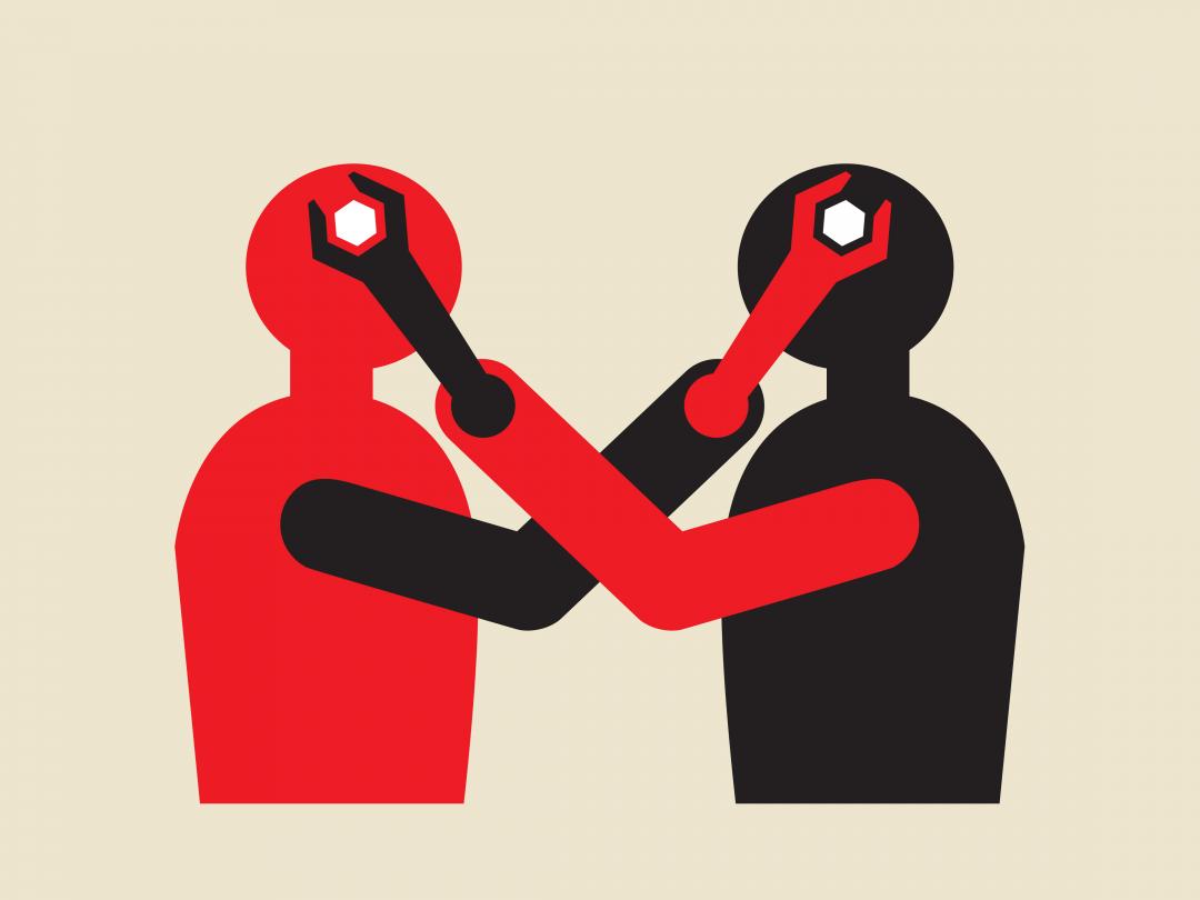 Illustratie van twee figuren tegenover elkaar. Ze raken elkaars hoofd aan. Hun armen hebben de vorm van een moersleutel.