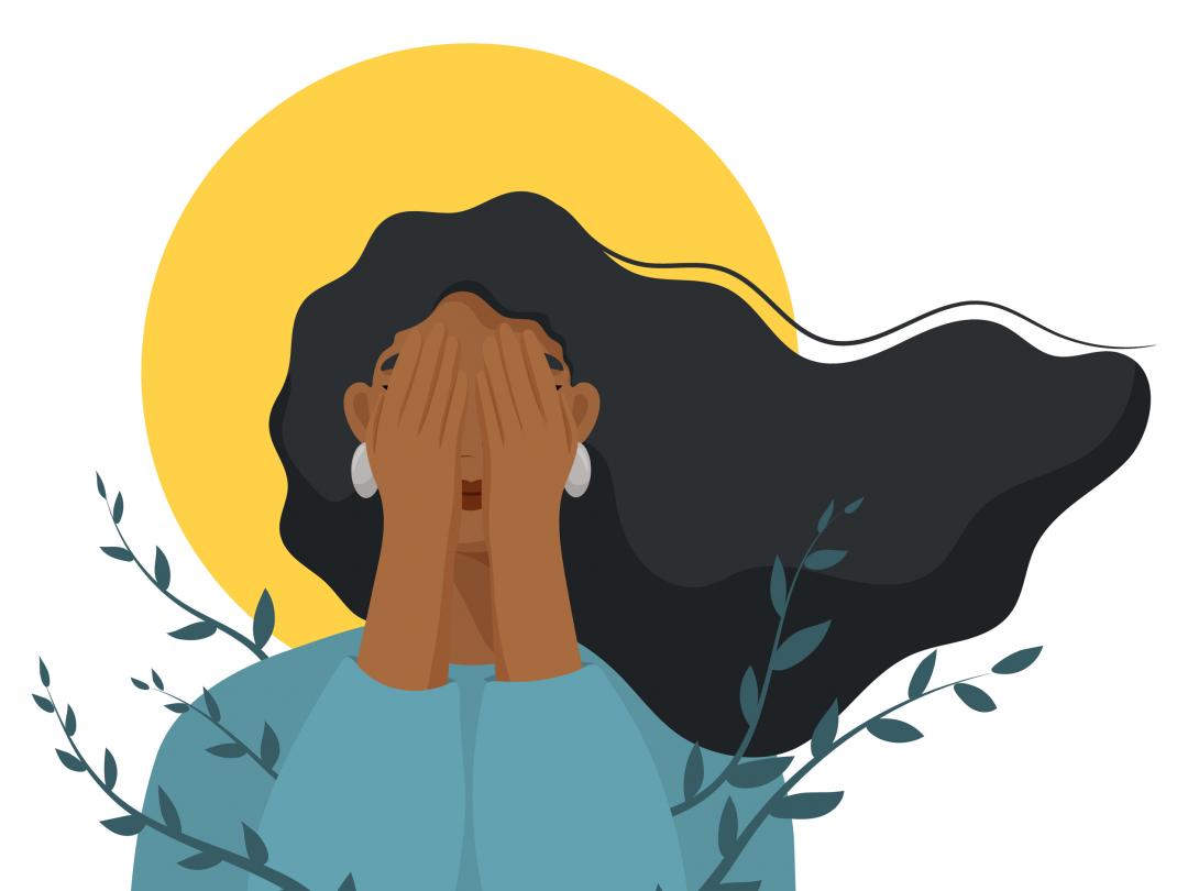 Illustratie van een persoon met de handen voor het gezicht.