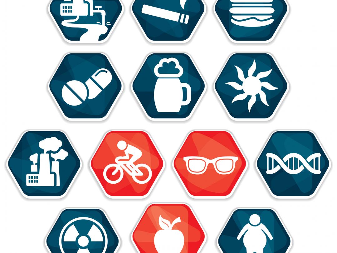 Een groep blauwe en rode minimalistische symbolen van onder andere een fiets, een appel, een zon, een sigaret, een fabriek, en meer.