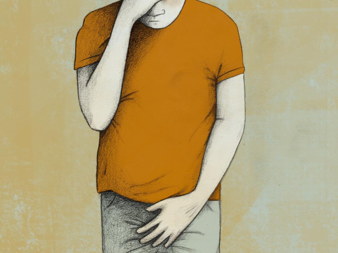 Illustratie van een persoon die een hand voor de ogen en voor het kruis houdt.