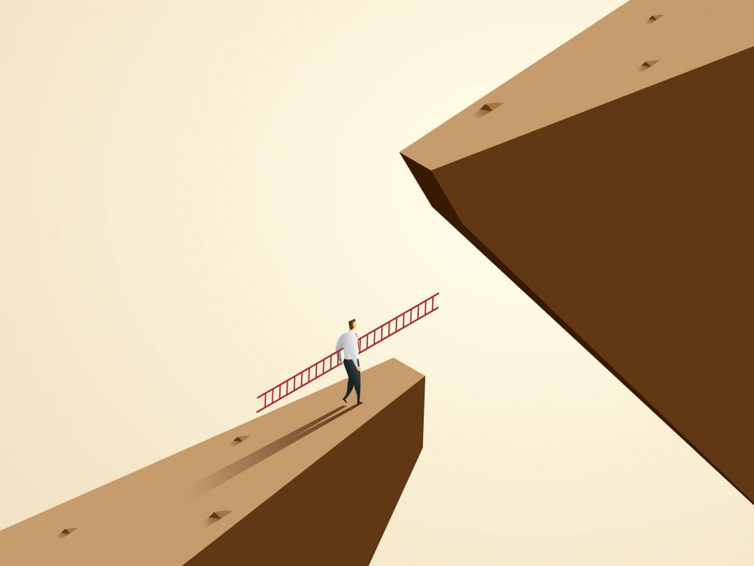 Illustratie van een figuur met een ladder aan de rand van een klif.