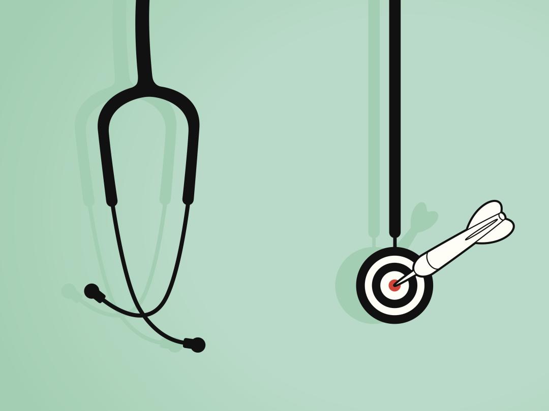 Een stethoscoop waarvan het hoorgedeelte een bulls-eye is voor darts 
