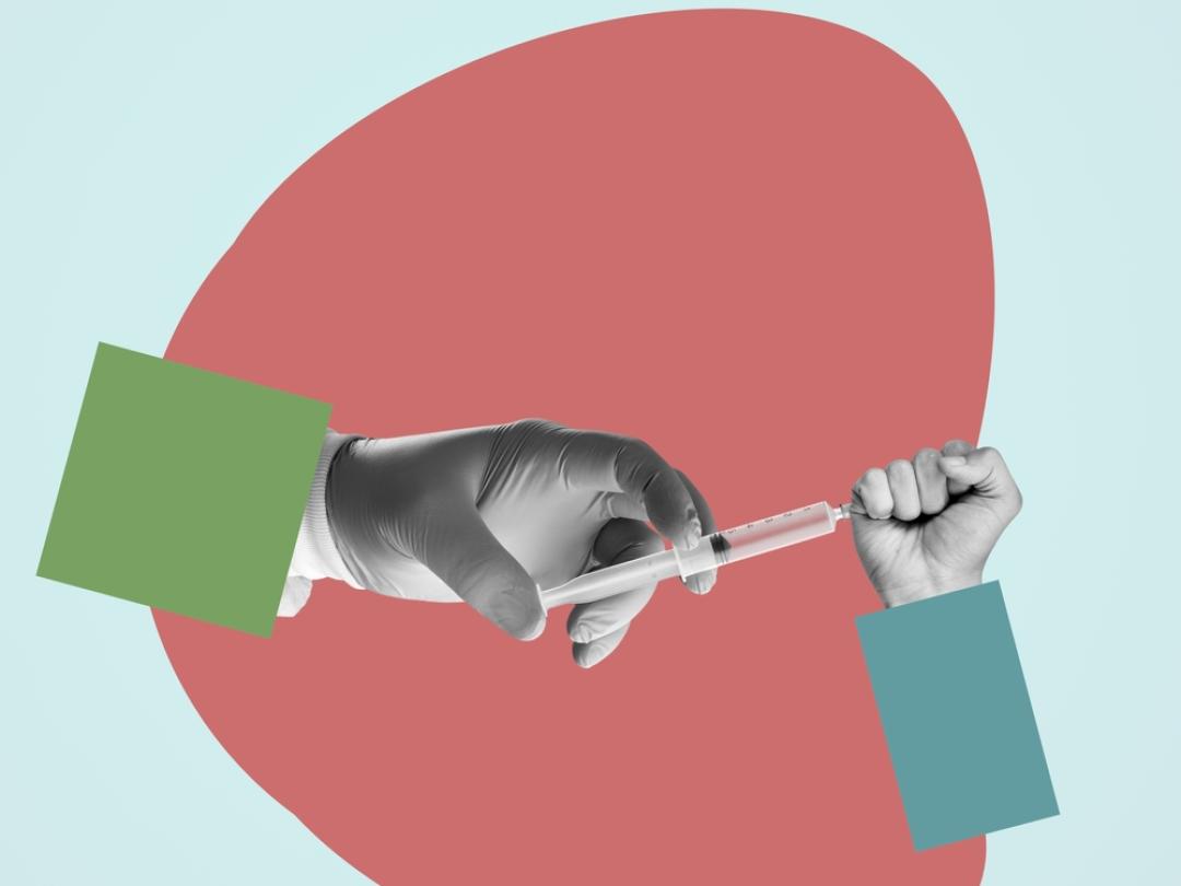 Illustratie van een hand die een injectie tegenhoudt