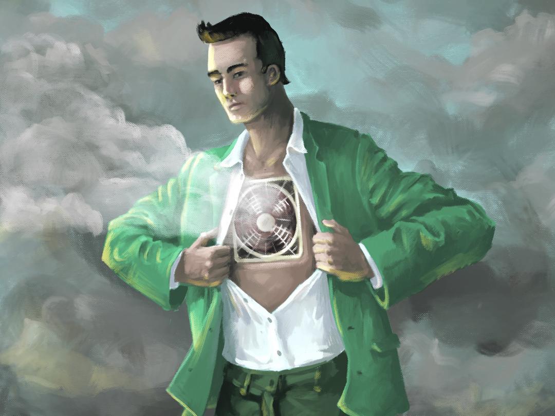 Illustratie van een man met een ventilator in zijn borst