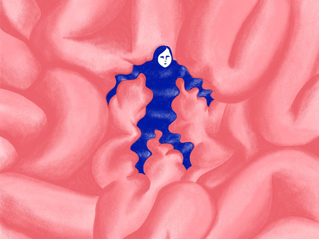 Illustratie van darmen met een mannetje ertussen