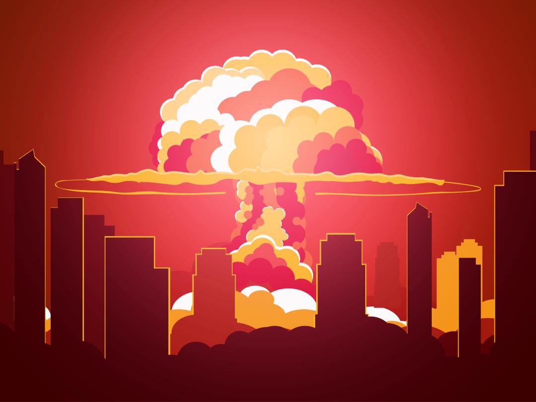 Illustratie van eens stad met een wolk in de vorm van een paddenstoel